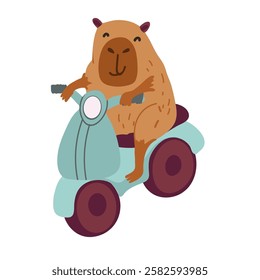 Vector funny capybara in flat design. A cute  capybara happily riding a scooter, delivering a package. South American adorable animal. Hand drawn Vector illustration.