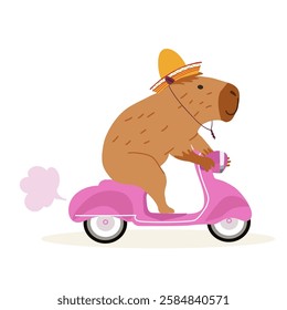 Vector funny capybara in flat design. A cute  capybara happily riding a scooter, delivering a package. South American adorable animal. Hand drawn Vector illustration.