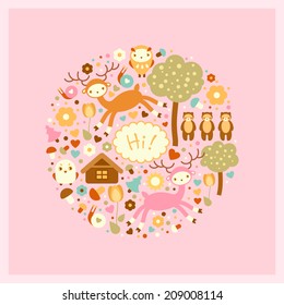 vector funny card with deers, bears and birds