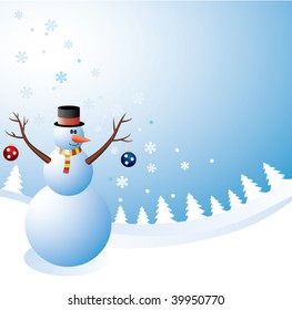 vector funny card design with cute snowman in a cold winter day. christmas holiday illustration for happy new year and merry christmas greeting cards