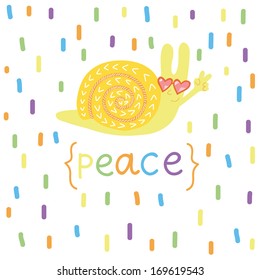 Vector funny card with smiling snail with "peace" gesture. Bright illustration on the white background