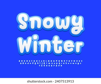 Vector funny Card Snowy Winter. Playful Handwritten Font. White and Blue cute Alphabet Letters and Numbers.