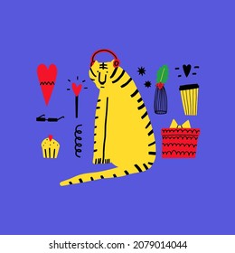 tarjeta divertida vectorial con tigre para navidad. Tigre amarillo con audífonos y con artículos de vacaciones - regalo, hebilla, bizcocho. Extraña tarjeta de año nuevo 2022 dibujada a mano