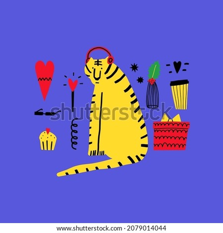 vector funny card with tiger for christmas. Yellow tiger in headphones and with holiday items - gift, holly, cupcake. Bizarre hand drawn new year card 2022