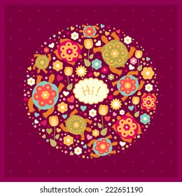 vector funny card with turtles and flowers