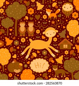 vector funny card with yellow deer and forest animals