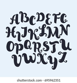 Vector funny cartoon ABC with curls. Hand drawn font. Vintage latin alphabet. Capital uppercase letters.