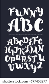 Vector funny cartoon ABC with curls. Hand drawn font. Vintage latin alphabet. Lower case letters. For postcard or poster decorative graphic design. White latin letters on black background