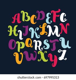 Vector funny cartoon ABC with curls. Hand drawn alphabet. Vector alphabet in pastel colors. Uppercase letters in different color on black background.