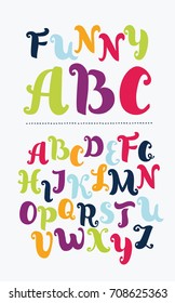 Vector funny cartoon ABC with curls. Hand drawn font. Vintage latin alphabet. Capital uppercase letters in difference colors on white background