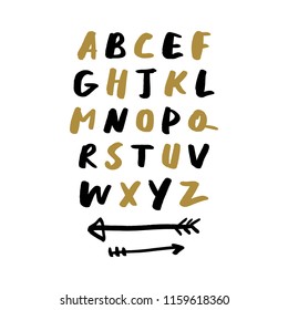 Vector funny cartoon alphabet. Letters and arrows set. Isolated letters, white background.