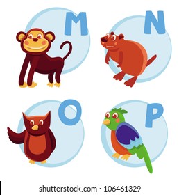 Vector funny cartoon alphabet - Monkey, Nutria, Owl, Parrot