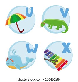 Vector funny cartoon alphabet - Umbrella, Varan, Whale, Xylophone