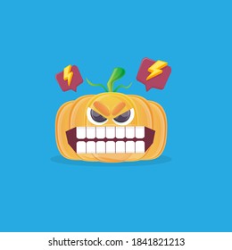 caricatura vectorial del personaje de calabaza enojado aislado en fondo azul. funky sonriente lindo personaje de verduras otoñales. Caricatura de Halloween calabaza sonriente
