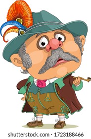 Vector funny cartoon. Bavarian in national costume with a smoking pipe in his hand.