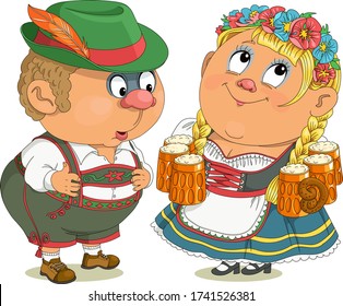 Caricatura vectorial divertida. Bavarianos, hombre y mujer con disfraces nacionales. Un amante de la cerveza mira a la camarera con interés.