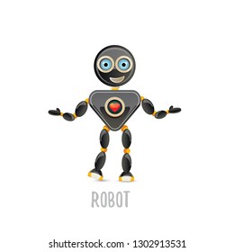 vector funny cartoon black friendly robot character isolated on white background. Kids 3d robot toy logo design template. chat bot icon