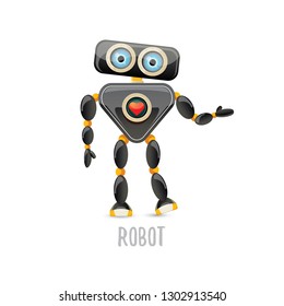 vector funny cartoon black friendly robot character isolated on white background. Kids 3d robot toy logo design template. chat bot icon