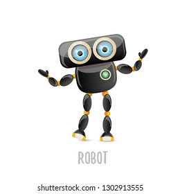vector funny cartoon black friendly robot character isolated on white background. Kids 3d robot toy logo design template. chat bot icon