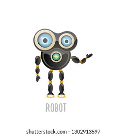 vector funny cartoon black friendly robot character isolated on white background. Kids 3d robot toy logo design template. chat bot icon