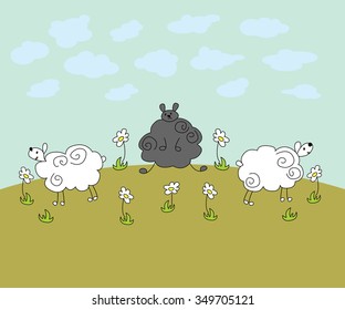 Vector funny cartoon black sheep in the meadow with camomiles