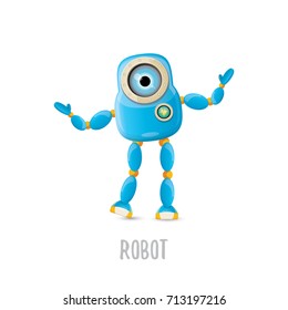 vector funny cartoon blue robot character Isolated on white background. Kids 3d robot toy logo design template