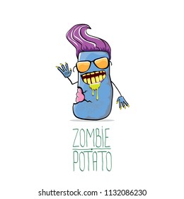 vector funny cartoon blue zombie hipster potato character with violet hair isolated on white background. My name is zombie potato vector concept halloween background. monster vegetable funky character