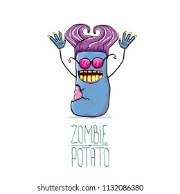 vector funny cartoon blue zombie hipster potato character with violet hair isolated on white background. My name is zombie potato vector concept halloween background. monster vegetable funky character