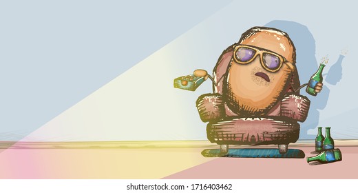 Vector funny cartoon bored man potato character watching boring tv show, holding remote control and drinking beer in armchair. Self isolation concept illustration with bored hand drawn alcoholic