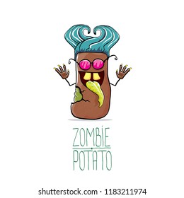 vector funny cartoon brown zombie hipster potato character with hair isolated on white background. My name is zombie potato vector concept halloween background. monster vegetable funky character