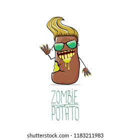 vector funny cartoon brown zombie hipster potato character with hair isolated on white background. My name is zombie potato vector concept halloween background. monster vegetable funky character