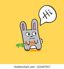 Vector funny cartoon bunny with carrot and text bubble