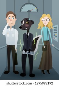 Vector funny cartoon caricature with bad smelling man like a skunk in elevator