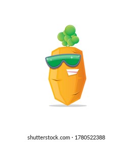 vector funny cartoon carrot character with sunglasses isolated on white background. funky smiling summer vegetable character 