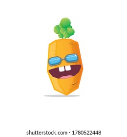 vector funny cartoon carrot character with sunglasses isolated on white background. funky smiling summer vegetable character 
