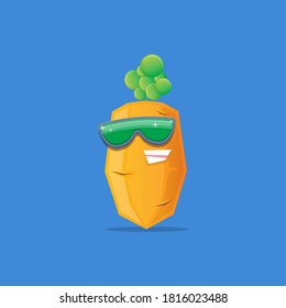 personaje de zanahoria de dibujos animados vectoriales con gafas de sol aisladas en fondo azul. funky sonriente personaje vegetal otoñal 