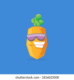 vector funny cartoon carrot character with sunglasses isolated on blue background. funky smiling autumn vegetable character 