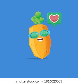vector funny cartoon carrot character with sunglasses isolated on blue background. funky smiling autumn vegetable character 