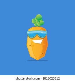 vector funny cartoon carrot character with sunglasses isolated on blue background. funky smiling autumn vegetable character 