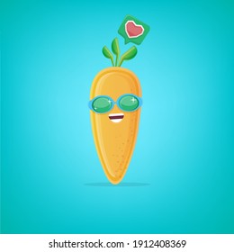 vector funny cartoon carrot character with sunglasses isolated on turquoise background. funky smiling autumn vegetable character 