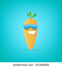 vector funny cartoon carrot character with sunglasses isolated on turquoise background. funky smiling autumn vegetable character 