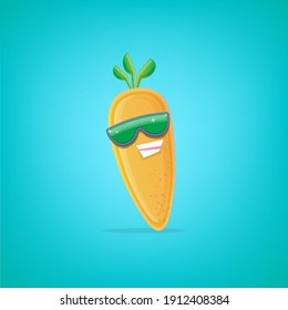vector funny cartoon carrot character with sunglasses isolated on turquoise background. funky smiling autumn vegetable character 
