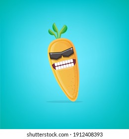 vector funny cartoon carrot character with sunglasses isolated on turquoise background. funky smiling autumn vegetable character 