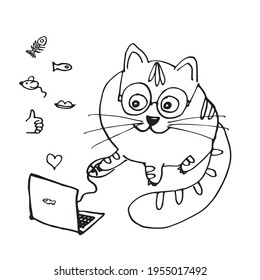 Vector funny cartoon cat. Children's illustration. Print to print. Pets. Cute kitten.