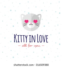 Vector funny cartoon cat head logo. Flat cat logotype.