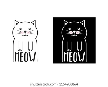 Vector funny cartoon cat. Print for t-shirt. Illustration with flat cat. Meow