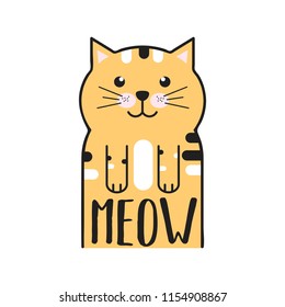 Vector funny cartoon cat. Print for t-shirt. Illustration with flat cat. Meow