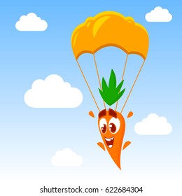 Vector funny cartoon character of carrot. Isolated on blue gradient background. 
