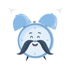 Vector Funny Cartoon Character, Laughing And Ringing Old-fashioned Blue Alarm Clock With A Mustache. Great Design For Children's Books, Clothes, Prints