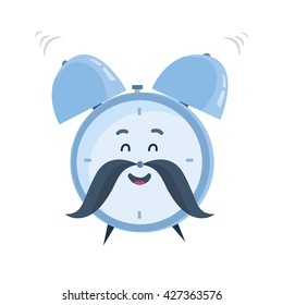 Vector funny cartoon character, laughing and ringing old-fashioned blue alarm clock with a mustache. Great design for children's books, clothes, prints